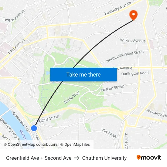Greenfield Ave + Second Ave to Chatham University map