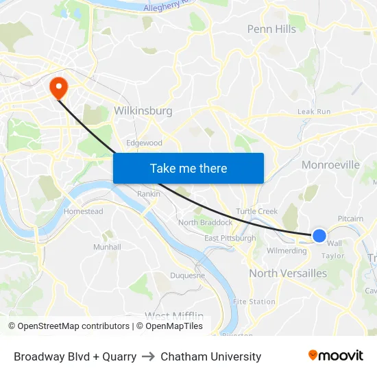 Broadway Blvd + Quarry to Chatham University map