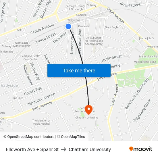 Ellsworth Ave + Spahr St to Chatham University map