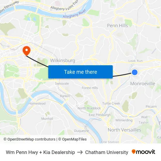 Wm Penn Hwy + Kia Dealership to Chatham University map