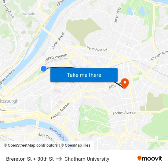 Brereton St + 30th St to Chatham University map