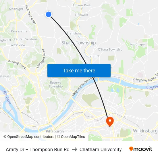 Amity Dr + Thompson Run Rd to Chatham University map