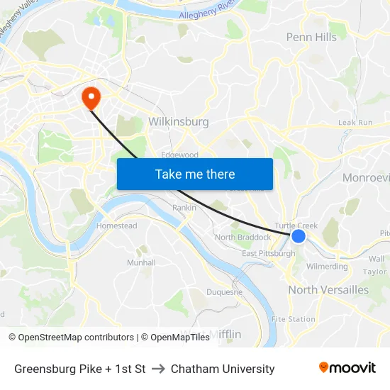 Greensburg Pike + 1st St to Chatham University map