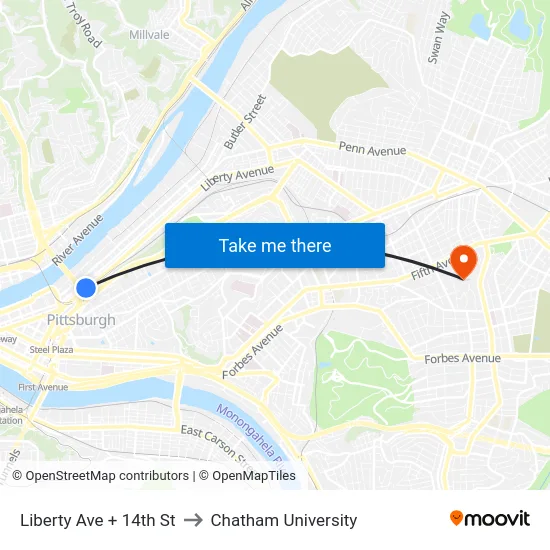 Liberty Ave + 14th St to Chatham University map