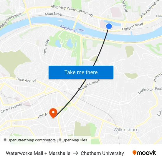 Waterworks Mall + Marshalls to Chatham University map