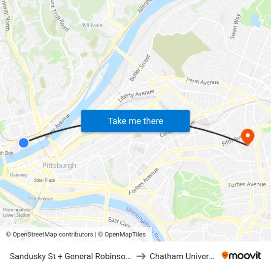 Sandusky St + General Robinson St to Chatham University map