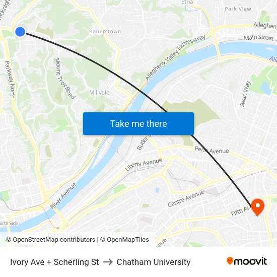 Ivory Ave + Scherling St to Chatham University map