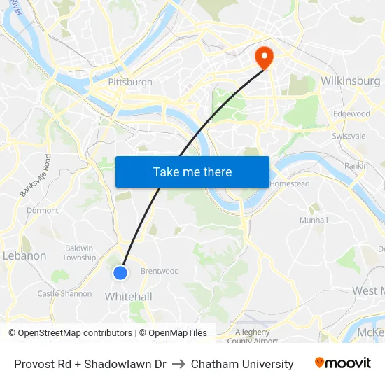 Provost Rd + Shadowlawn Dr to Chatham University map