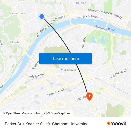 Parker St + Koehler St to Chatham University map