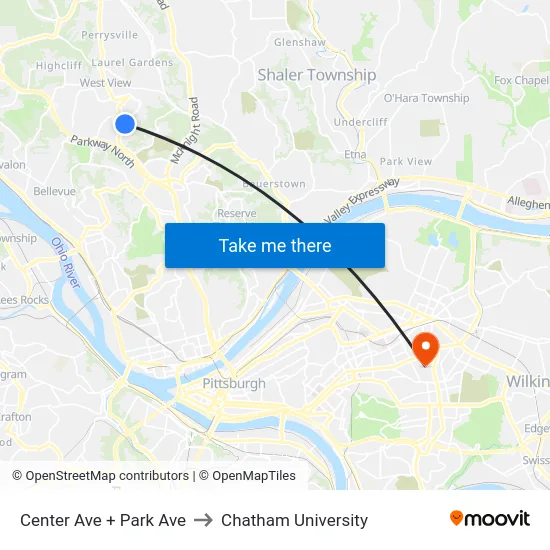 Center Ave + Park Ave to Chatham University map