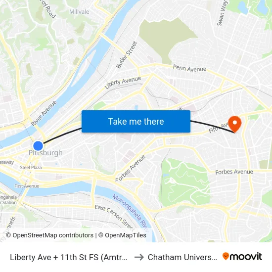 Liberty Ave + 11th St FS (Amtrak) to Chatham University map