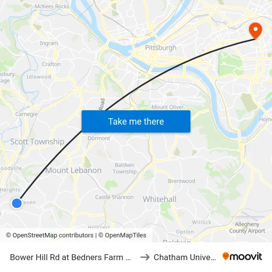Bower Hill Rd at Bedners Farm Market to Chatham University map