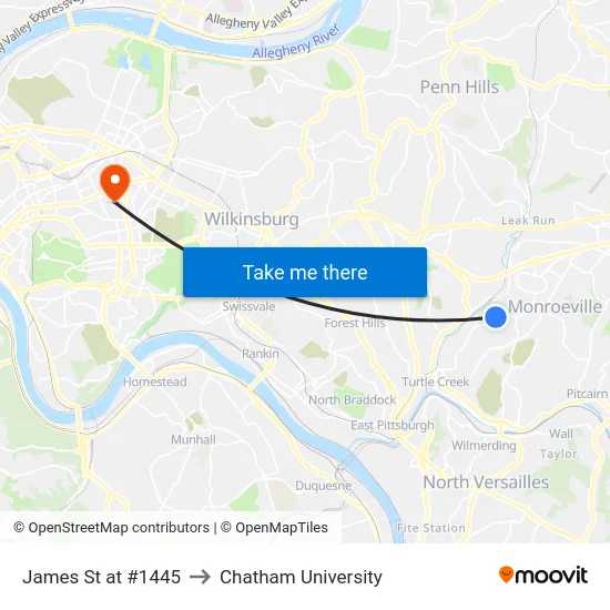 James St at #1445 to Chatham University map