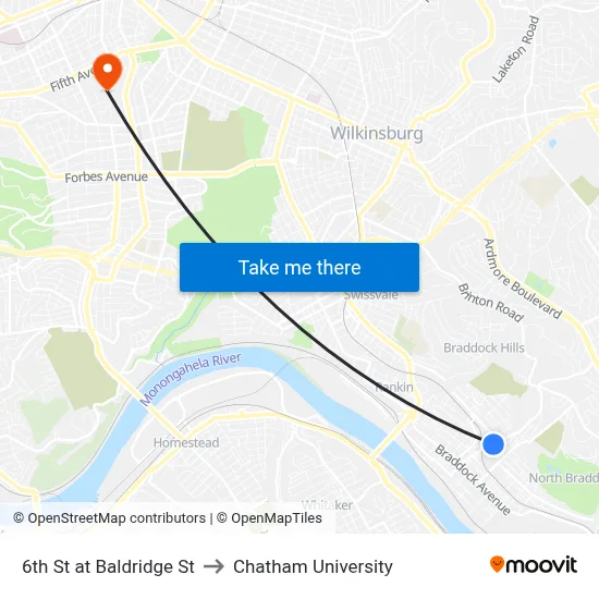 6th St at Baldridge St to Chatham University map