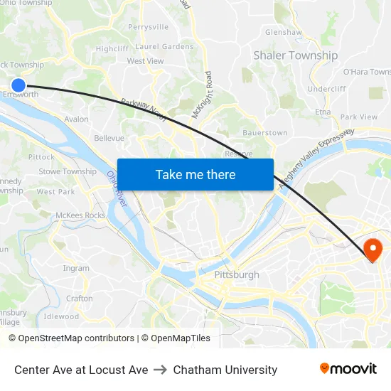Center Ave at Locust Ave to Chatham University map