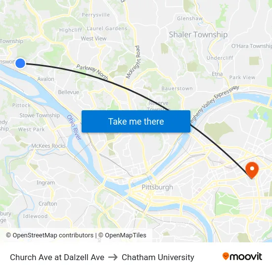 Church Ave at Dalzell Ave to Chatham University map