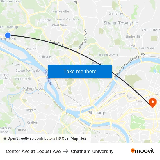 Center Ave at Locust Ave to Chatham University map