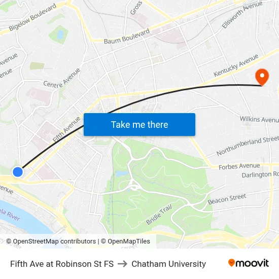 Fifth Ave at Robinson St FS to Chatham University map