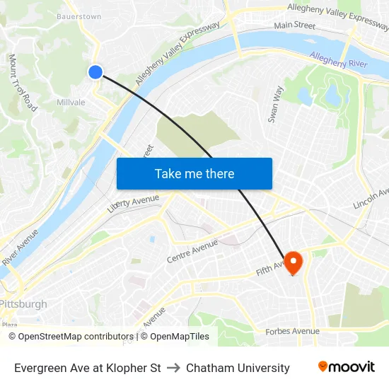Evergreen Ave at Klopher St to Chatham University map