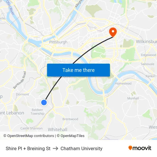Shire Pl + Breining St to Chatham University map