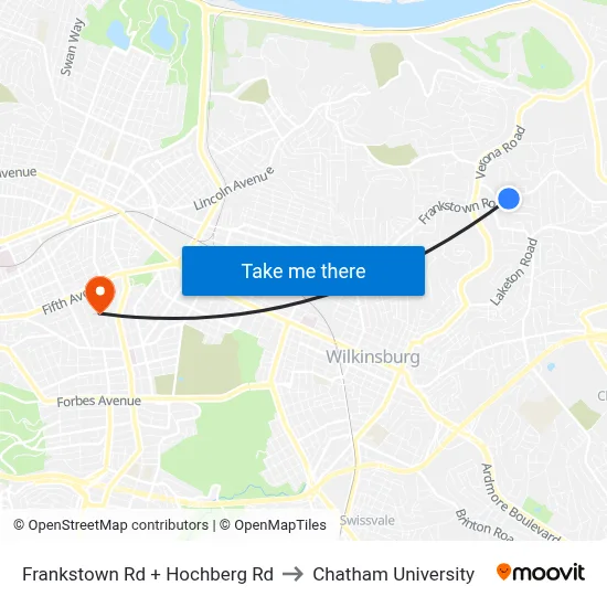 Frankstown Rd + Hochberg Rd to Chatham University map
