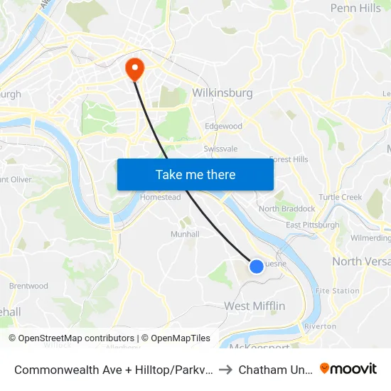 Commonwealth Ave + Hilltop/Parkview Manor Apts to Chatham University map