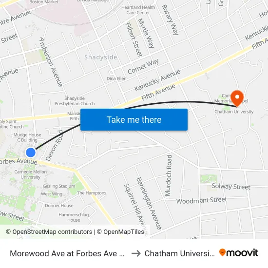 Morewood Ave at Forbes Ave FS to Chatham University map
