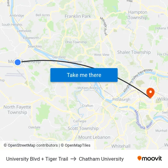 University Blvd + Tiger Trail to Chatham University map