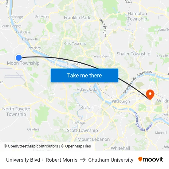 University Blvd + Robert Morris to Chatham University map