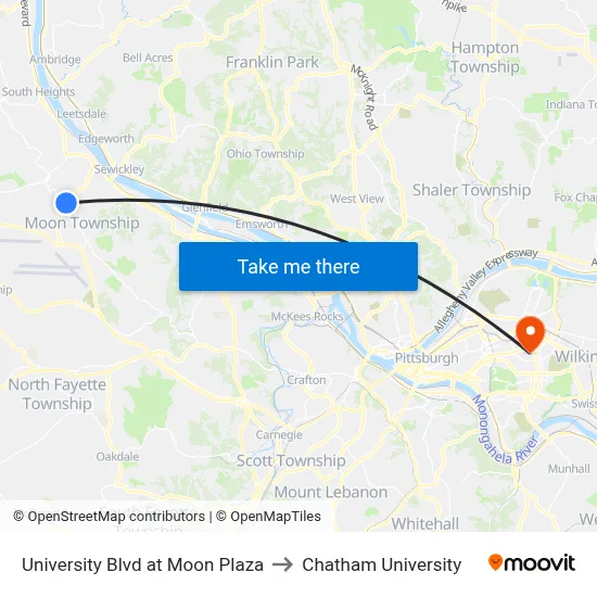 University Blvd at Moon Plaza to Chatham University map