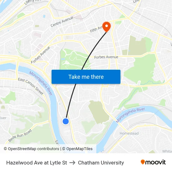 Hazelwood Ave at Lytle St to Chatham University map