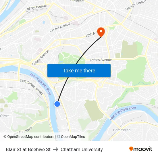 Blair St at Beehive St to Chatham University map