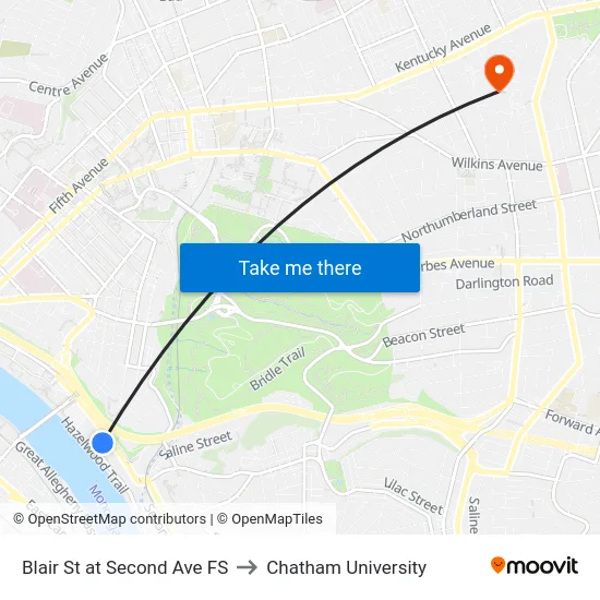 Blair St at Second Ave FS to Chatham University map