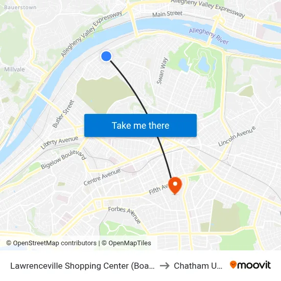 Lawrenceville Shopping Center (Boarding Stop-Shelter) to Chatham University map
