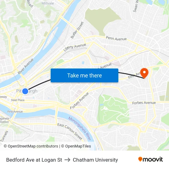 Bedford Ave at Logan St to Chatham University map