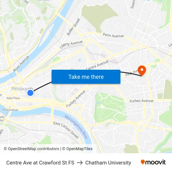 Centre Ave at Crawford St FS to Chatham University map