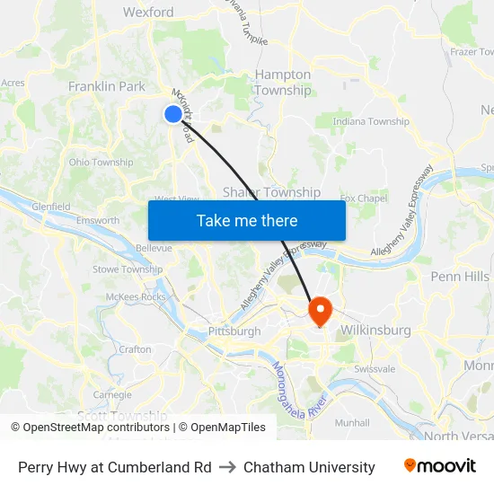 Perry Hwy at Cumberland Rd to Chatham University map
