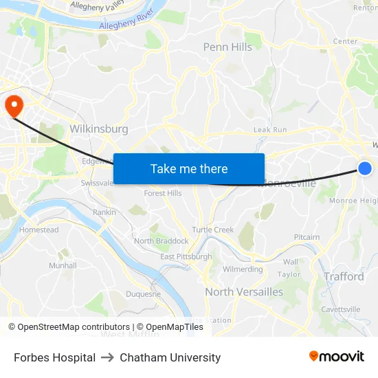 Forbes Hospital to Chatham University map