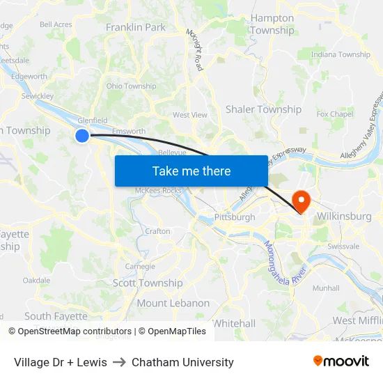 Village Dr + Lewis to Chatham University map
