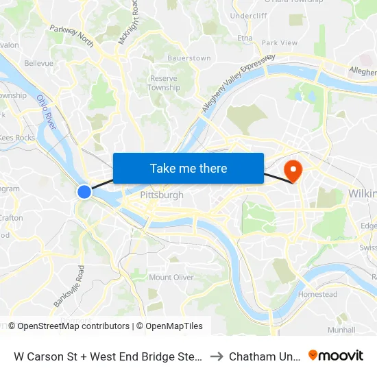 W Carson St + West End Bridge Steps (Underpass) to Chatham University map