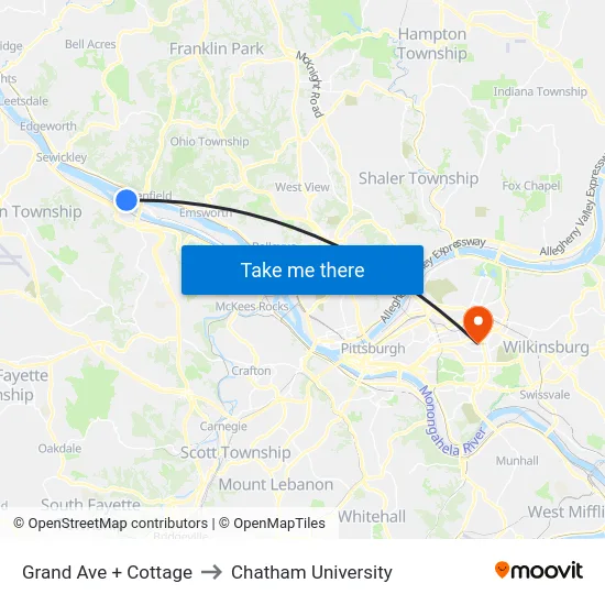 Grand Ave + Cottage to Chatham University map