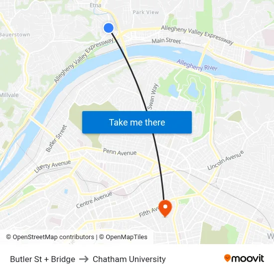 Butler St + Bridge to Chatham University map