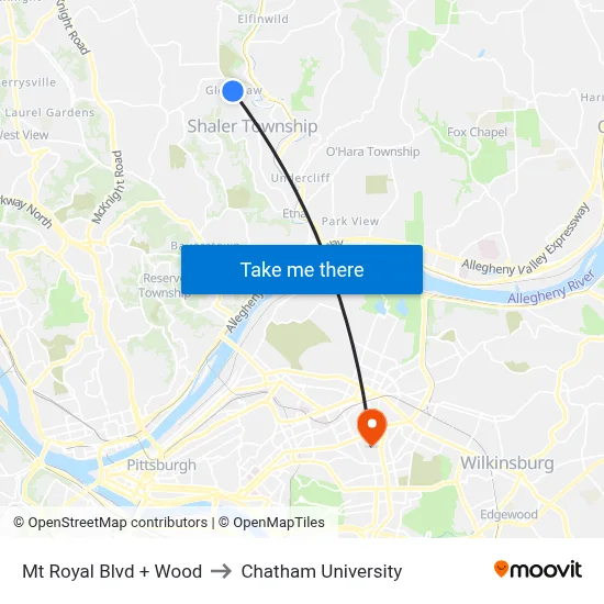 Mt Royal Blvd + Wood to Chatham University map