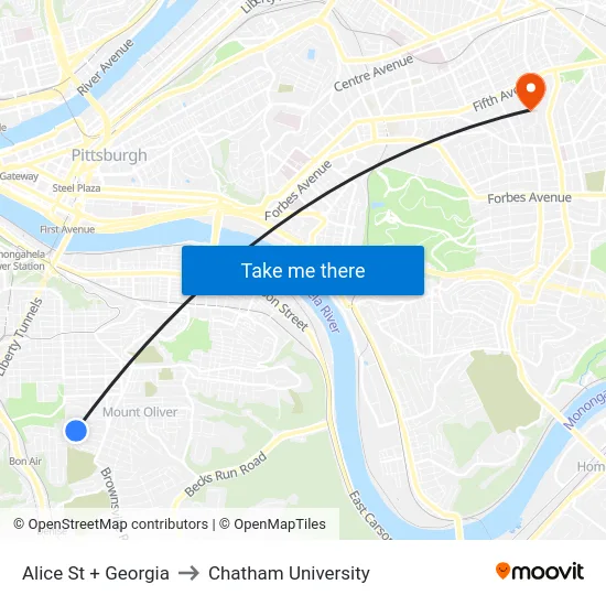 Alice St + Georgia to Chatham University map