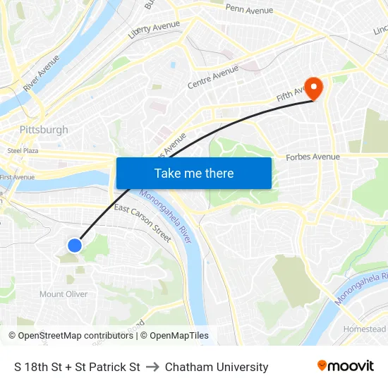 S 18th St + St Patrick St to Chatham University map