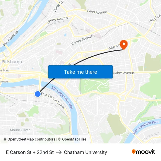 E Carson St + 22nd St to Chatham University map