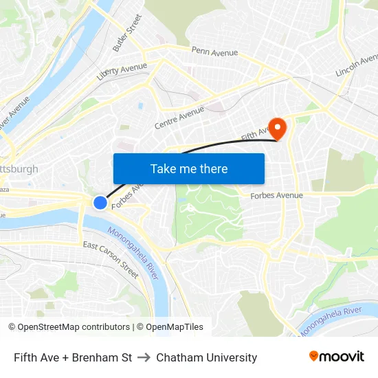 Fifth Ave + Brenham St to Chatham University map