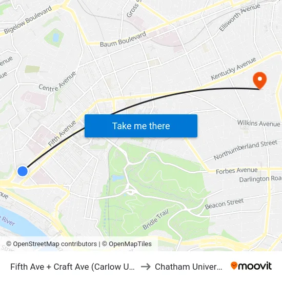 Fifth Ave + Craft Ave (Carlow Univ) to Chatham University map