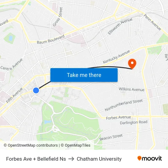 Forbes Ave + Bellefield Ns to Chatham University map