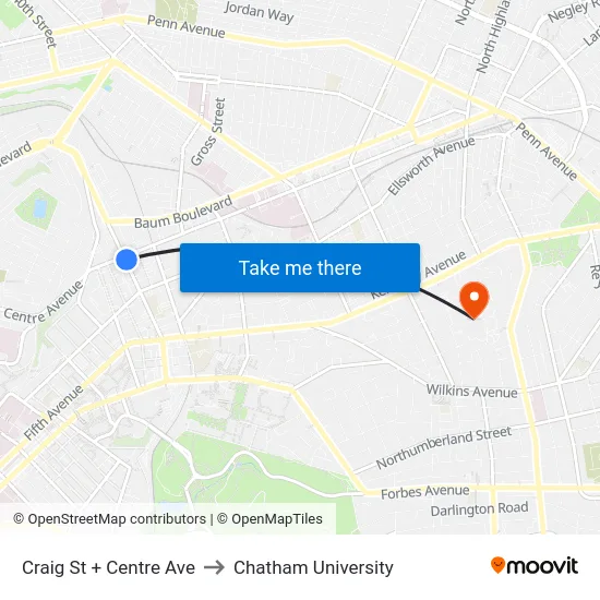Craig St + Centre Ave to Chatham University map